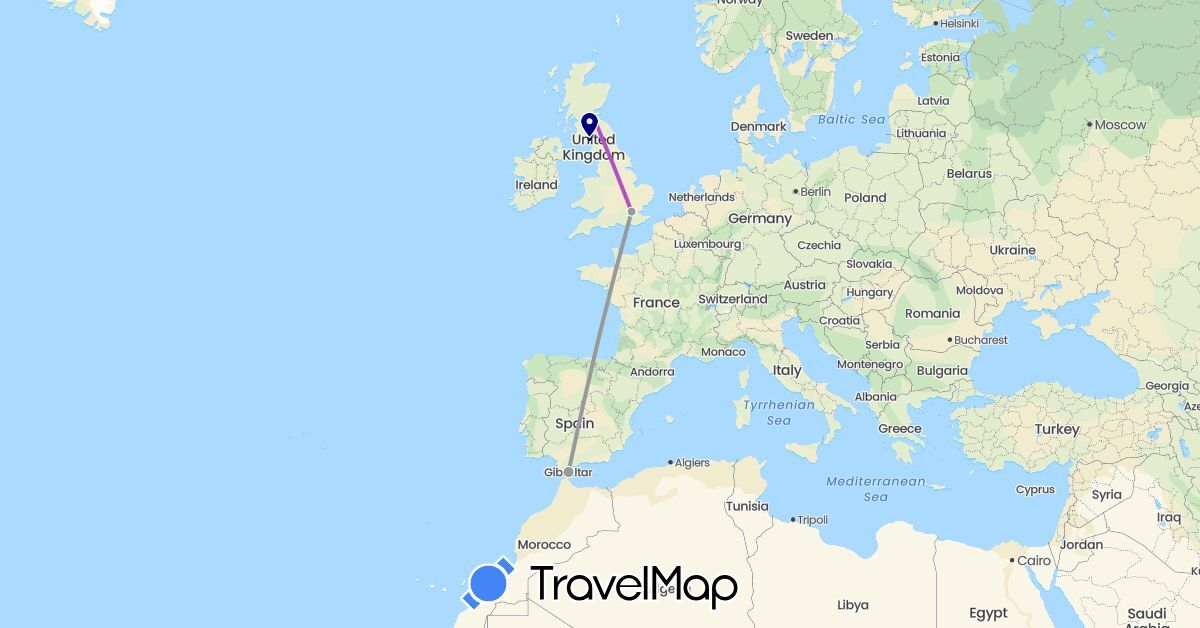 TravelMap itinerary: driving, plane, train in United Kingdom, Gibraltar (Europe)